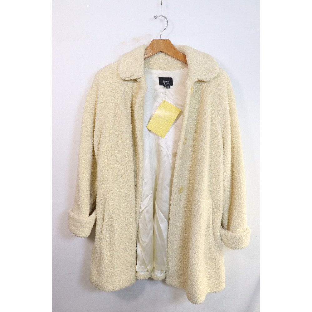 Dennis Basso Cream Faux Shearling Teddy Coat Button Front Sherpa Jacket Womens